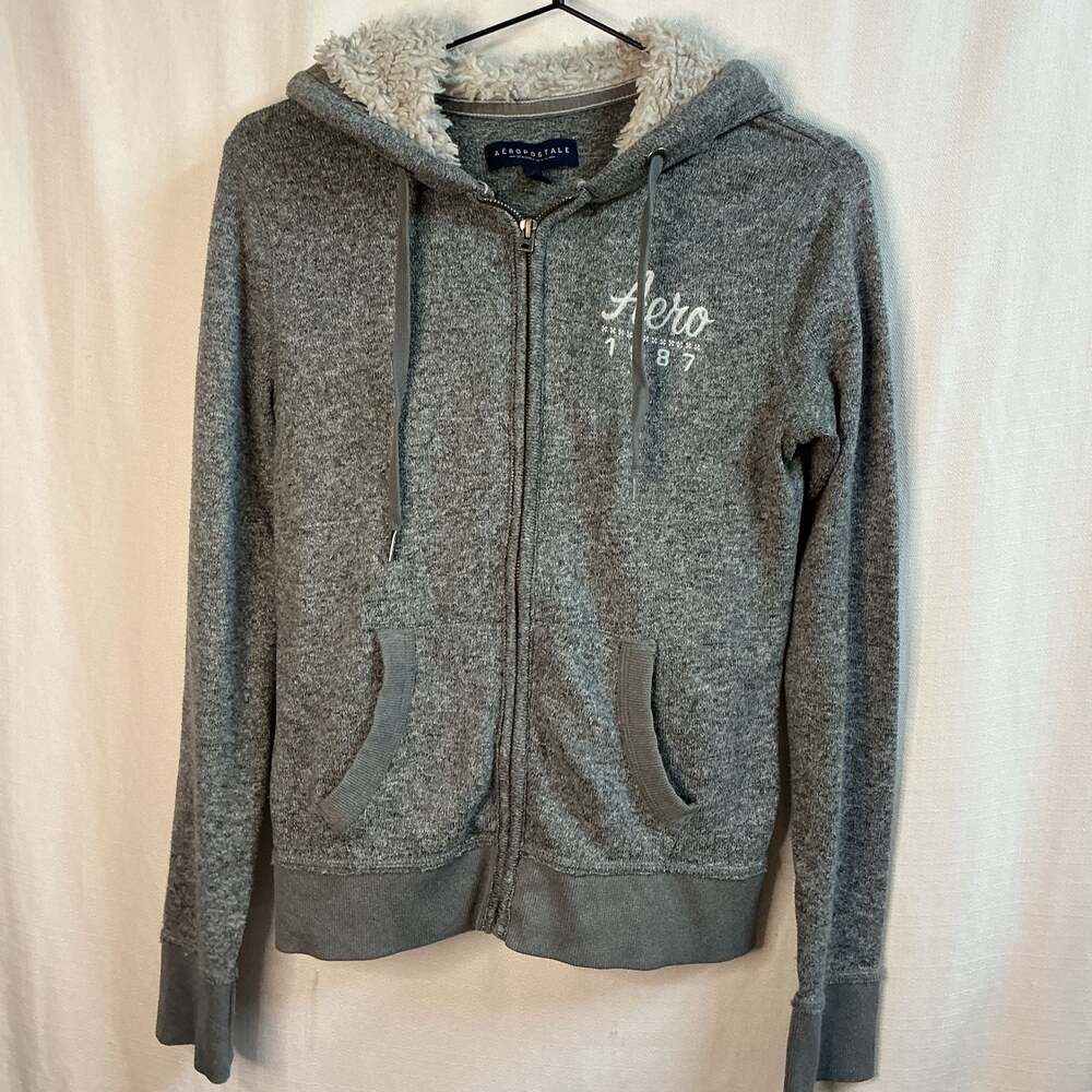 Aeropostale Grey Heathered Faux Fur Sherpa Lined Full Zip Hoodie Jacket